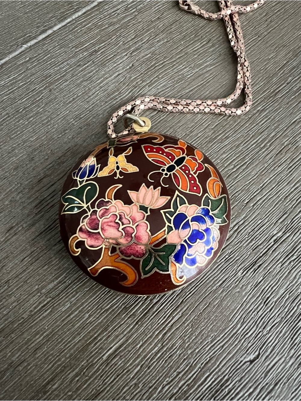 Cloisonné Floral Round Pendant Necklace - Brown, Pink, Blue & Green